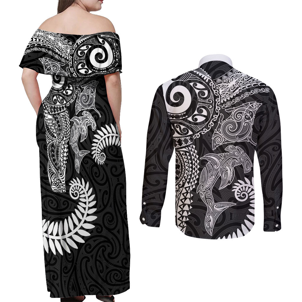 Aotearoa Maori Sea Animals Tribal Couples Matching Off Shoulder Maxi Dress and Long Sleeve Button Shirt Manta Ray and Shark Moko Pattern Black Color LT03 - Polynesian Pride