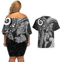 Aotearoa Maori Sea Animals Tribal Couples Matching Off Shoulder Short Dress and Hawaiian Shirt Manta Ray and Shark Moko Pattern Black Color LT03 - Polynesian Pride