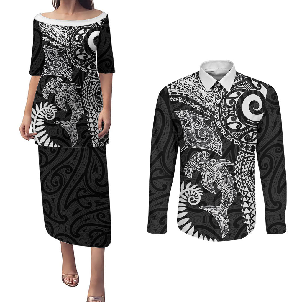 Aotearoa Maori Sea Animals Tribal Couples Matching Puletasi and Long Sleeve Button Shirt Manta Ray and Shark Moko Pattern Black Color LT03 Black - Polynesian Pride