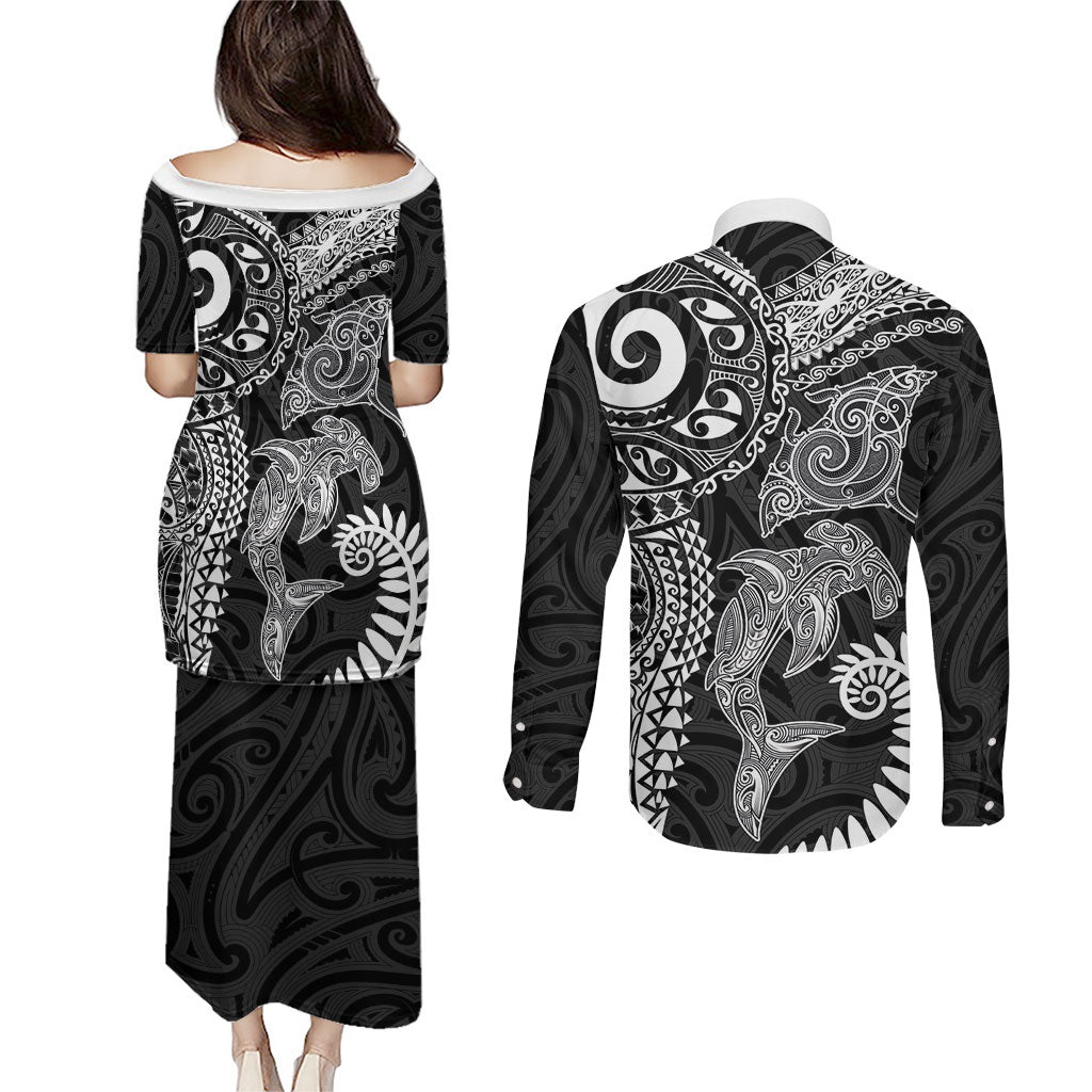 Aotearoa Maori Sea Animals Tribal Couples Matching Puletasi and Long Sleeve Button Shirt Manta Ray and Shark Moko Pattern Black Color LT03 - Polynesian Pride