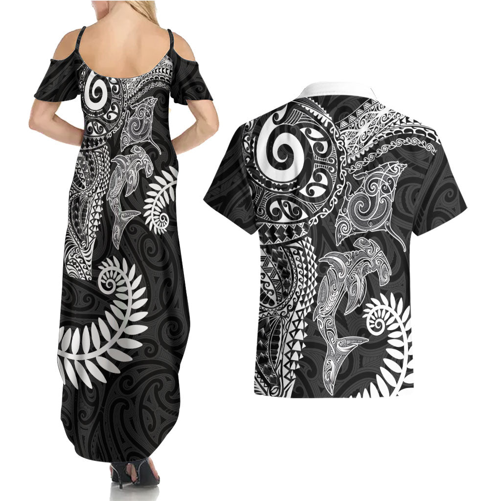 Aotearoa Maori Sea Animals Tribal Couples Matching Summer Maxi Dress and Hawaiian Shirt Manta Ray and Shark Moko Pattern Black Color LT03 - Polynesian Pride