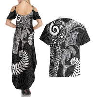 Aotearoa Maori Sea Animals Tribal Couples Matching Summer Maxi Dress and Hawaiian Shirt Manta Ray and Shark Moko Pattern Black Color LT03 - Polynesian Pride