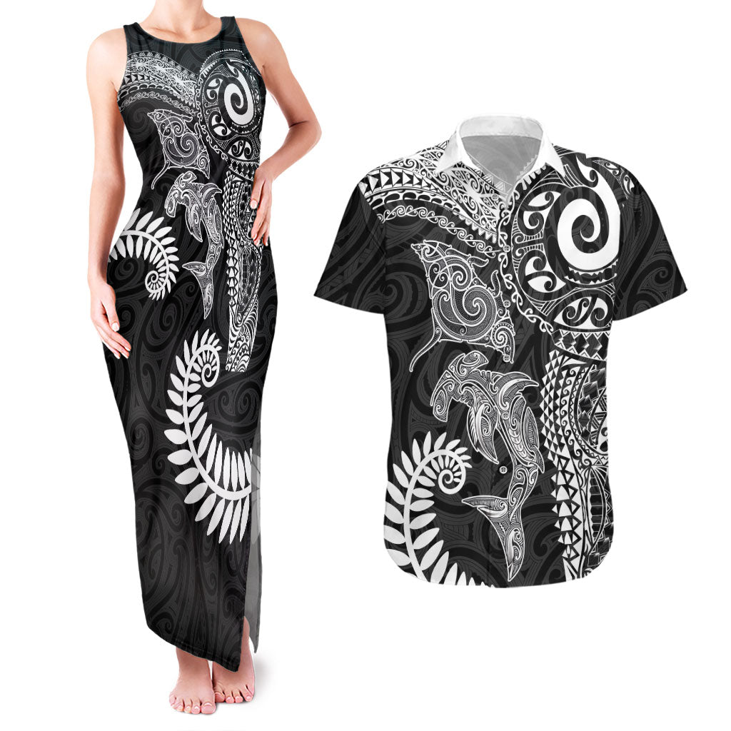 Aotearoa Maori Sea Animals Tribal Couples Matching Tank Maxi Dress and Hawaiian Shirt Manta Ray and Shark Moko Pattern Black Color LT03 Black - Polynesian Pride