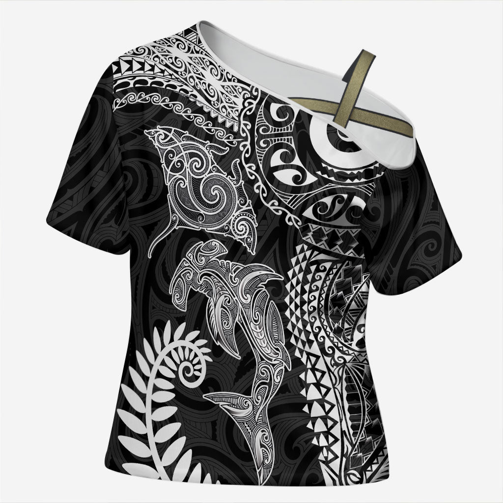 Aotearoa Maori Sea Animals Tribal Cross Shoulder Shirt Manta Ray and Shark Moko Pattern Black Color LT03 Female Black - Polynesian Pride
