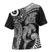 Aotearoa Maori Sea Animals Tribal Cross Shoulder Shirt Manta Ray and Shark Moko Pattern Black Color LT03 - Polynesian Pride