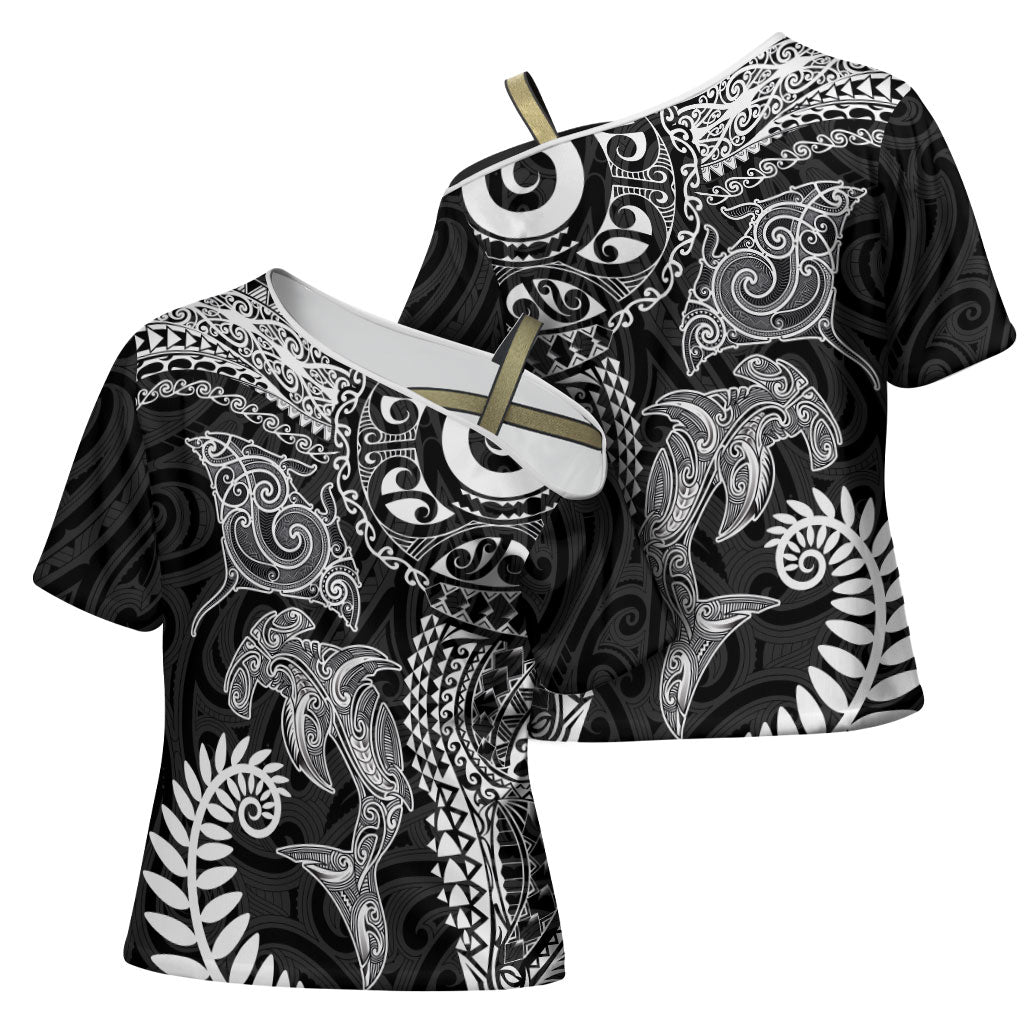 Aotearoa Maori Sea Animals Tribal Cross Shoulder Shirt Manta Ray and Shark Moko Pattern Black Color LT03 - Polynesian Pride