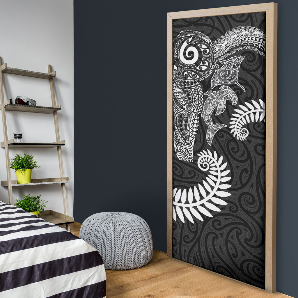 Aotearoa Maori Sea Animals Tribal Door Cover Manta Ray and Shark Moko Pattern Black Color LT03 - Polynesian Pride