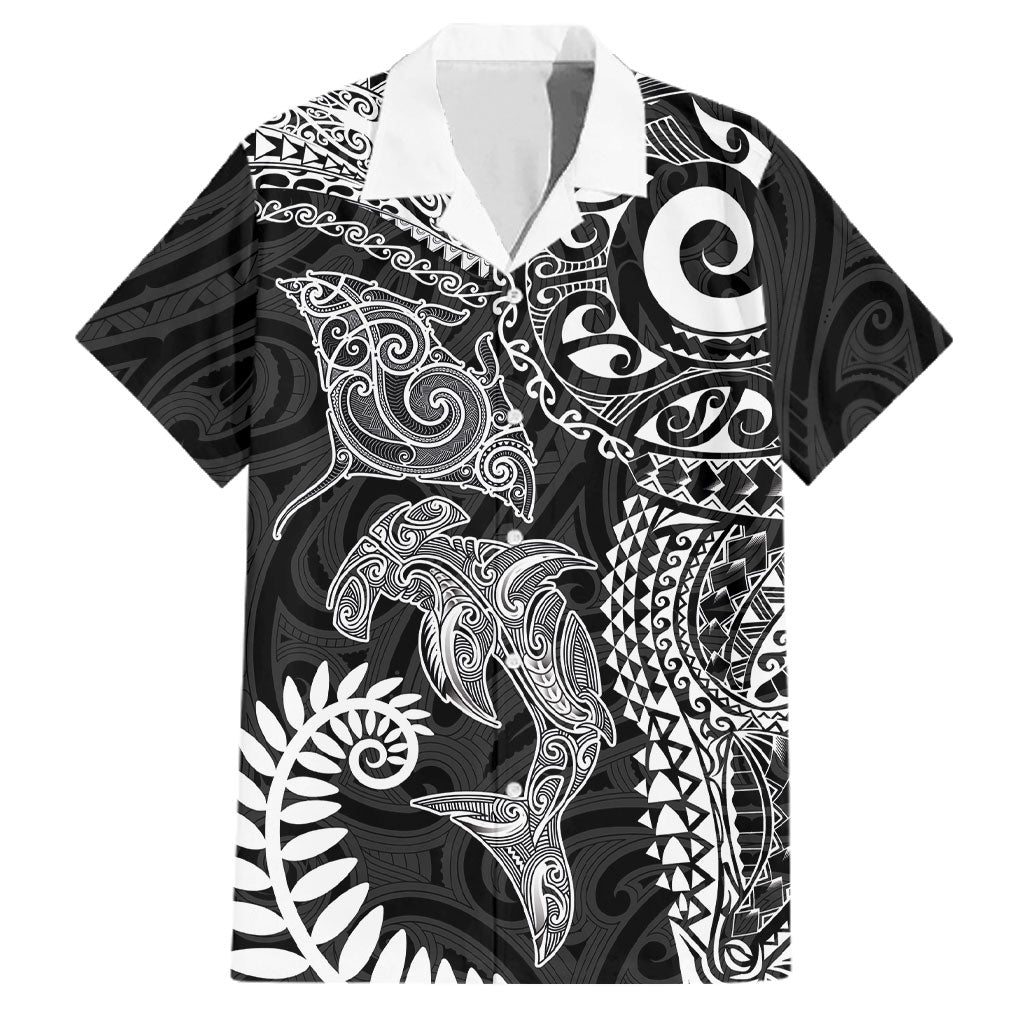 Aotearoa Maori Sea Animals Tribal Family Matching Long Sleeve Bodycon Dress and Hawaiian Shirt Manta Ray and Shark Moko Pattern Black Color LT03 Dad's Shirt - Short Sleeve Black - Polynesian Pride
