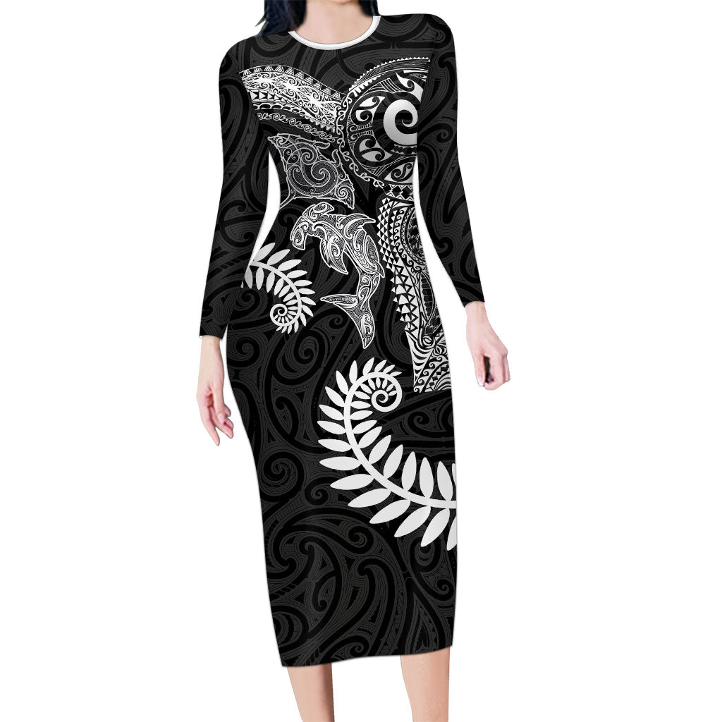 Aotearoa Maori Sea Animals Tribal Family Matching Long Sleeve Bodycon Dress and Hawaiian Shirt Manta Ray and Shark Moko Pattern Black Color LT03 Mom's Dress Black - Polynesian Pride
