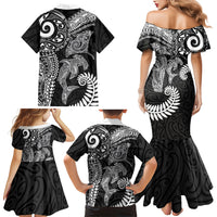 Aotearoa Maori Sea Animals Tribal Family Matching Mermaid Dress and Hawaiian Shirt Manta Ray and Shark Moko Pattern Black Color LT03 - Polynesian Pride