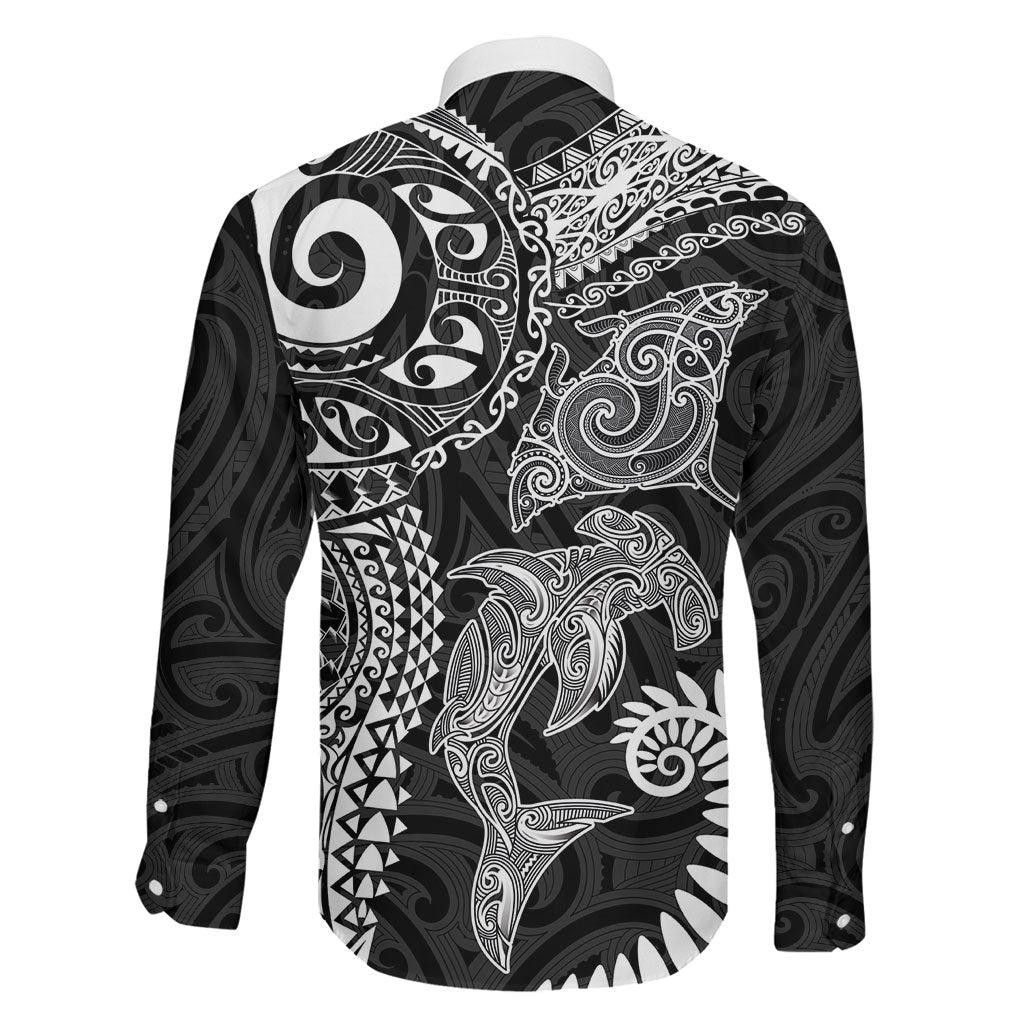 Aotearoa Maori Sea Animals Tribal Family Matching Mermaid Dress and Hawaiian Shirt Manta Ray and Shark Moko Pattern Black Color LT03 - Polynesian Pride