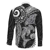 Aotearoa Maori Sea Animals Tribal Family Matching Mermaid Dress and Hawaiian Shirt Manta Ray and Shark Moko Pattern Black Color LT03 - Polynesian Pride