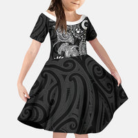 Aotearoa Maori Sea Animals Tribal Family Matching Off The Shoulder Long Sleeve Dress and Hawaiian Shirt Manta Ray and Shark Moko Pattern Black Color LT03 Daughter's Dress Black - Polynesian Pride