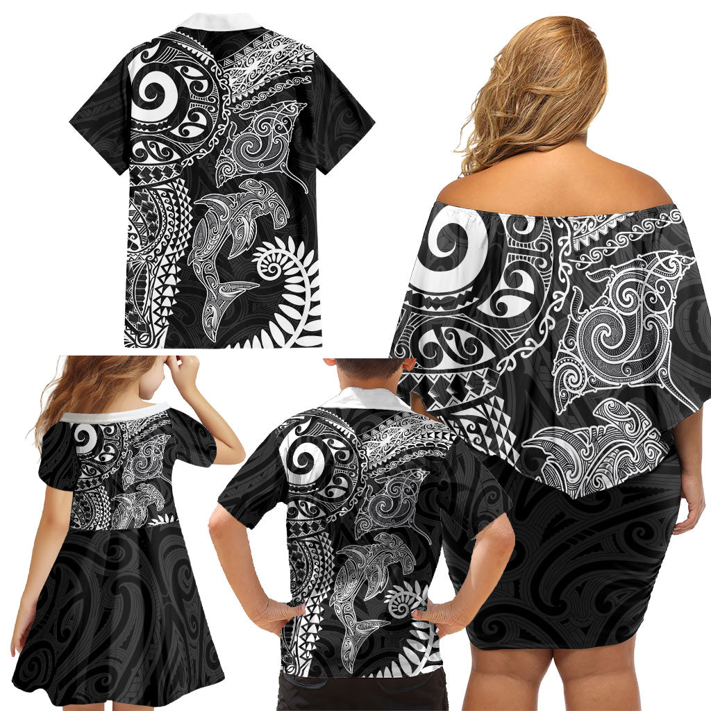 Aotearoa Maori Sea Animals Tribal Family Matching Off Shoulder Short Dress and Hawaiian Shirt Manta Ray and Shark Moko Pattern Black Color LT03 - Polynesian Pride