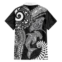 Aotearoa Maori Sea Animals Tribal Family Matching Off Shoulder Short Dress and Hawaiian Shirt Manta Ray and Shark Moko Pattern Black Color LT03 - Polynesian Pride
