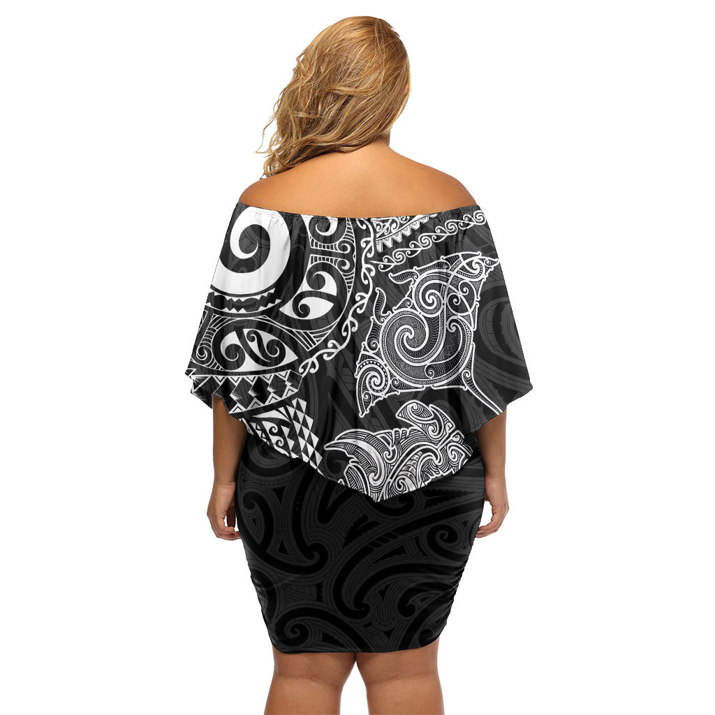 Aotearoa Maori Sea Animals Tribal Family Matching Off Shoulder Short Dress and Hawaiian Shirt Manta Ray and Shark Moko Pattern Black Color LT03 - Polynesian Pride