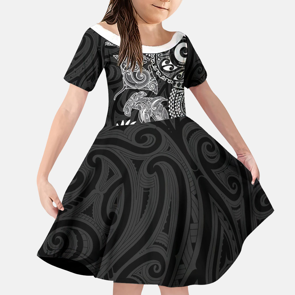Aotearoa Maori Sea Animals Tribal Family Matching Puletasi and Hawaiian Shirt Manta Ray and Shark Moko Pattern Black Color LT03 Daughter's Dress Black - Polynesian Pride