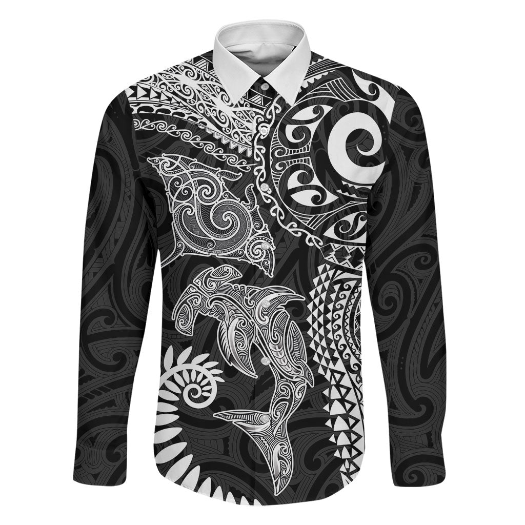 Aotearoa Maori Sea Animals Tribal Family Matching Short Sleeve Bodycon Dress and Hawaiian Shirt Manta Ray and Shark Moko Pattern Black Color LT03 Dad's Shirt - Long Sleeve Black - Polynesian Pride