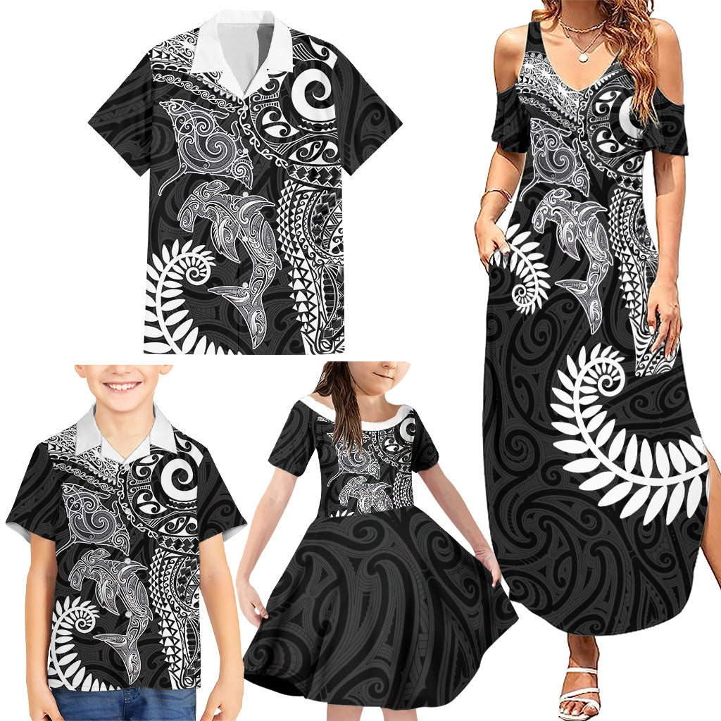 Aotearoa Maori Sea Animals Tribal Family Matching Summer Maxi Dress and Hawaiian Shirt Manta Ray and Shark Moko Pattern Black Color LT03 - Polynesian Pride