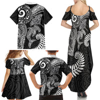 Aotearoa Maori Sea Animals Tribal Family Matching Summer Maxi Dress and Hawaiian Shirt Manta Ray and Shark Moko Pattern Black Color LT03 - Polynesian Pride