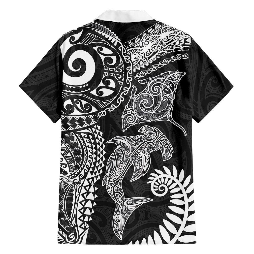 Aotearoa Maori Sea Animals Tribal Family Matching Summer Maxi Dress and Hawaiian Shirt Manta Ray and Shark Moko Pattern Black Color LT03 - Polynesian Pride