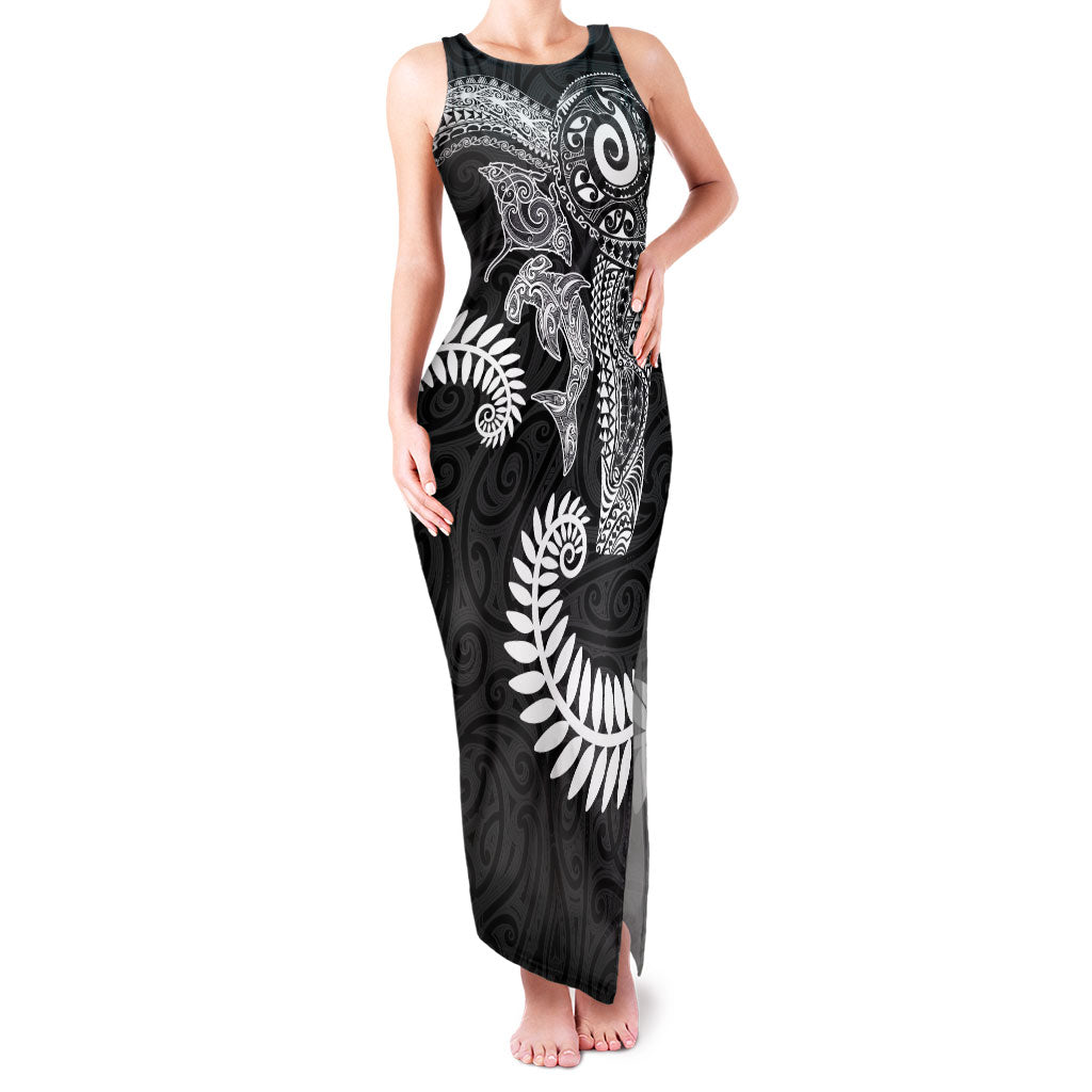 Aotearoa Maori Sea Animals Tribal Family Matching Tank Maxi Dress and Hawaiian Shirt Manta Ray and Shark Moko Pattern Black Color LT03 Mom's Dress Black - Polynesian Pride