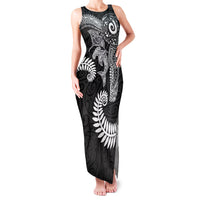 Aotearoa Maori Sea Animals Tribal Family Matching Tank Maxi Dress and Hawaiian Shirt Manta Ray and Shark Moko Pattern Black Color LT03 Mom's Dress Black - Polynesian Pride