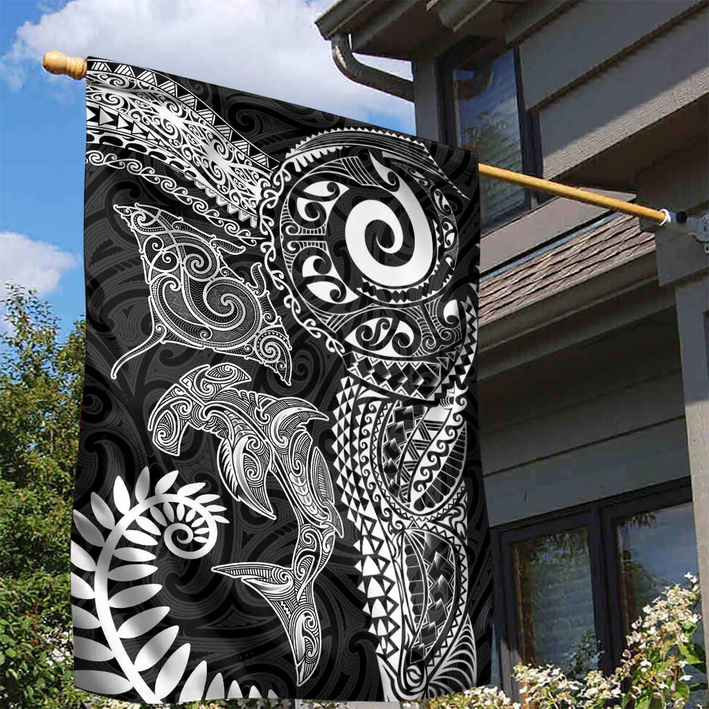 Aotearoa Maori Sea Animals Tribal Garden Flag Manta Ray and Shark Moko Pattern Black Color LT03 - Polynesian Pride