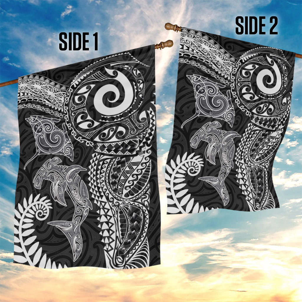 Aotearoa Maori Sea Animals Tribal Garden Flag Manta Ray and Shark Moko Pattern Black Color LT03 - Polynesian Pride