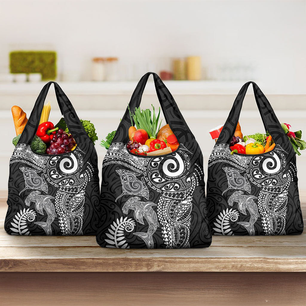 Aotearoa Maori Sea Animals Tribal Grocery Bag Manta Ray and Shark Moko Pattern Black Color