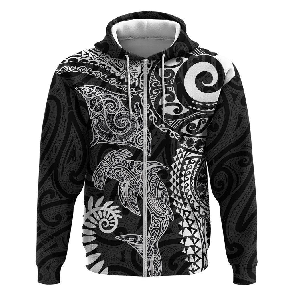 Aotearoa Maori Sea Animals Tribal Hoodie Manta Ray and Shark Moko Pattern Black Color LT03 Zip Hoodie Black - Polynesian Pride