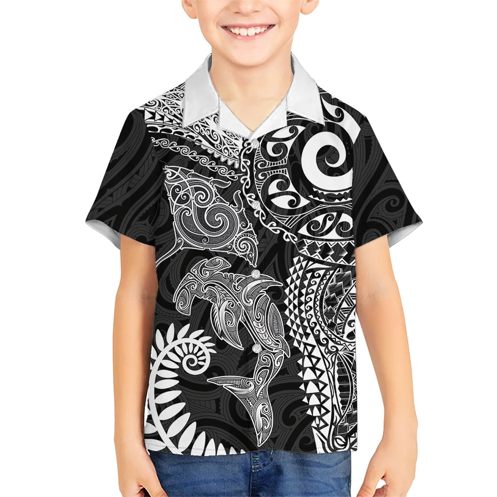 Aotearoa Maori Sea Animals Tribal Kid Hawaiian Shirt Manta Ray and Shark Moko Pattern Black Color LT03 Kid Black - Polynesian Pride