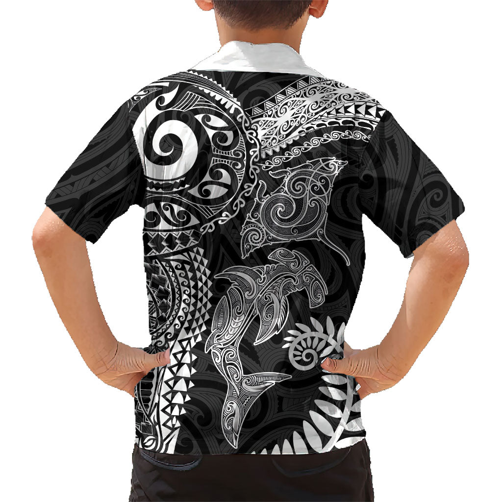 Aotearoa Maori Sea Animals Tribal Kid Hawaiian Shirt Manta Ray and Shark Moko Pattern Black Color LT03 - Polynesian Pride