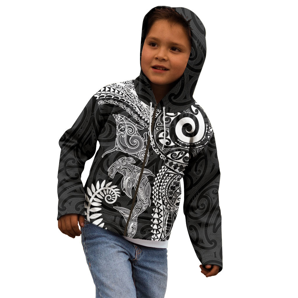 Aotearoa Maori Sea Animals Tribal Kid Hoodie Manta Ray and Shark Moko Pattern Black Color LT03 - Polynesian Pride