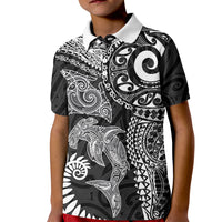 Aotearoa Maori Sea Animals Tribal Kid Polo Shirt Manta Ray and Shark Moko Pattern Black Color LT03 Kid Black - Polynesian Pride