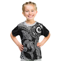 Aotearoa Maori Sea Animals Tribal Kid T Shirt Manta Ray and Shark Moko Pattern Black Color LT03 Black - Polynesian Pride