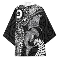 Aotearoa Maori Sea Animals Tribal Kimono Manta Ray and Shark Moko Pattern Black Color