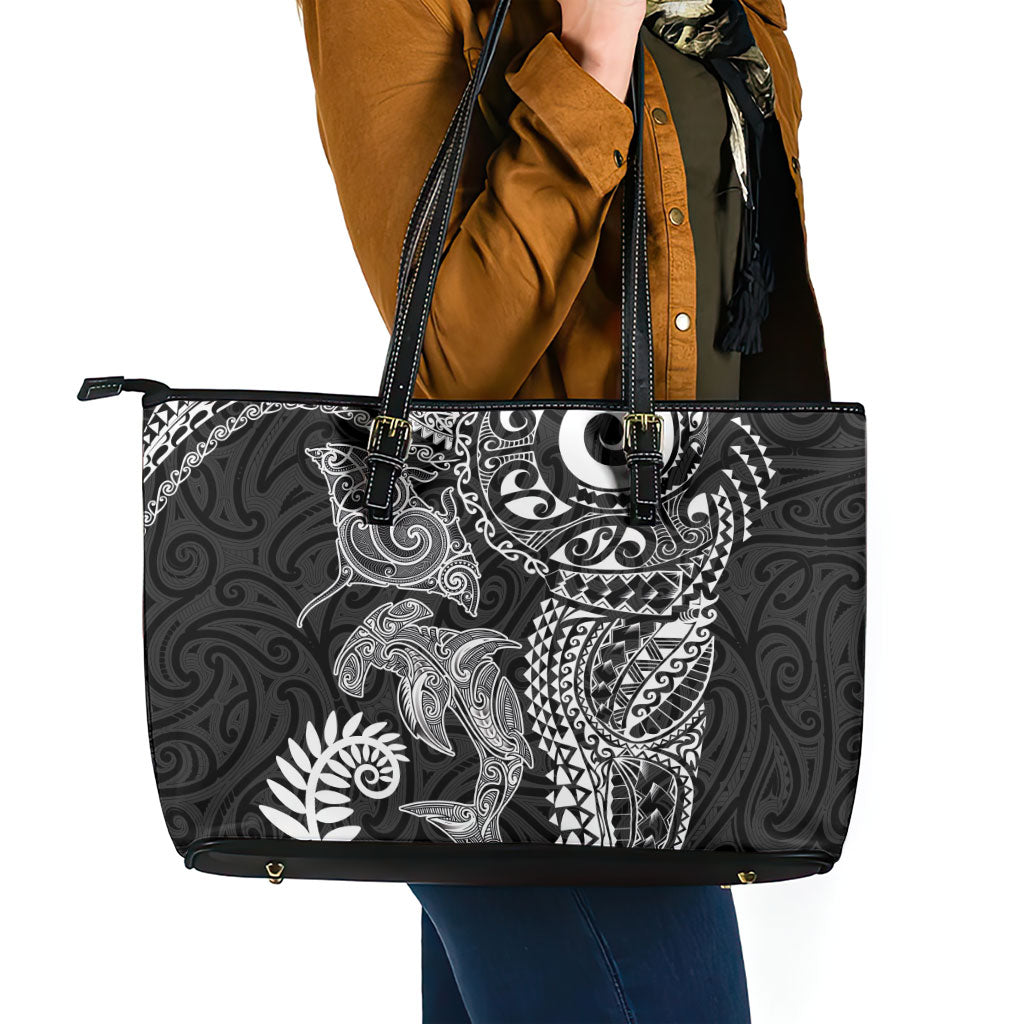 Aotearoa Maori Sea Animals Tribal Leather Tote Bag Manta Ray and Shark Moko Pattern Black Color LT03 - Polynesian Pride