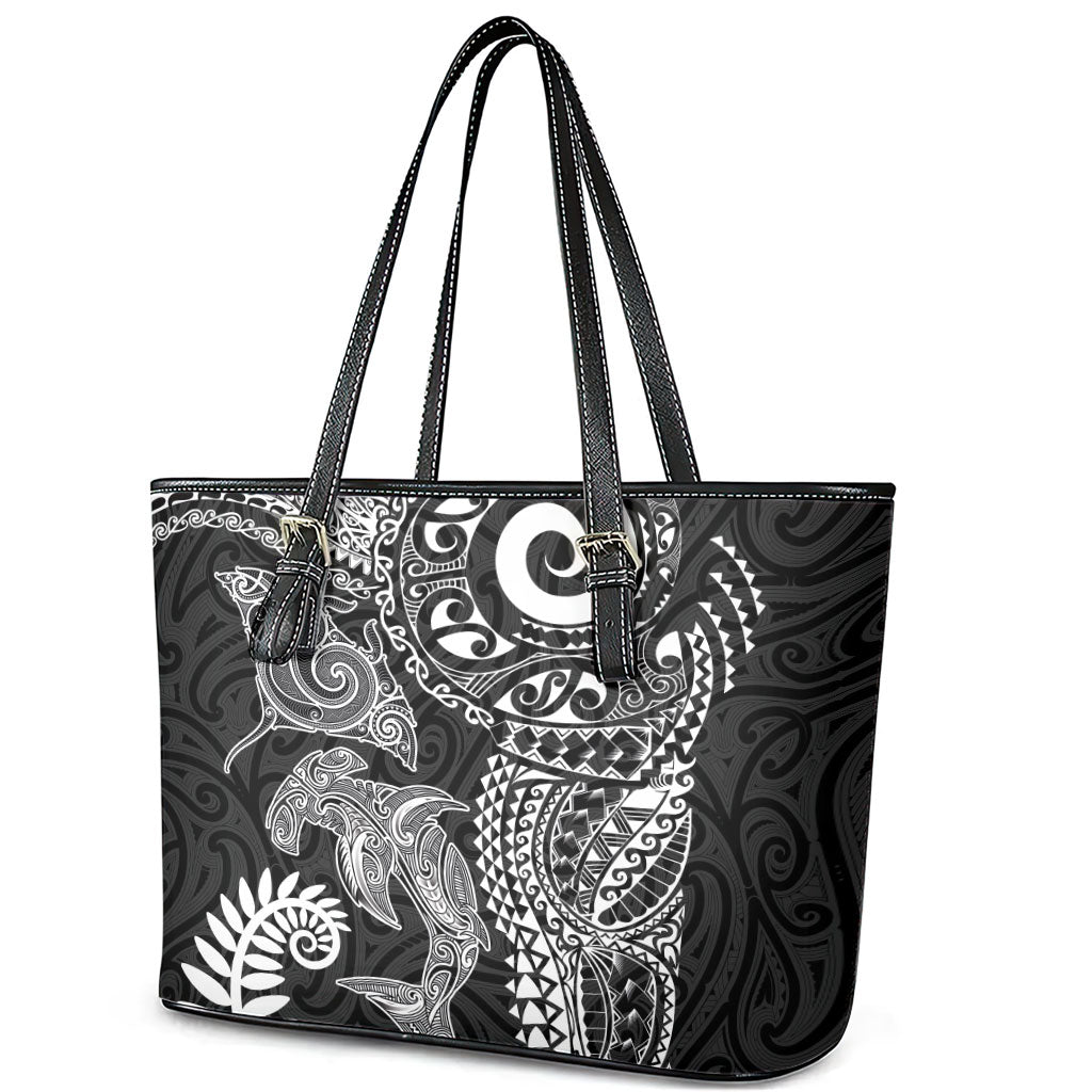 Aotearoa Maori Sea Animals Tribal Leather Tote Bag Manta Ray and Shark Moko Pattern Black Color LT03 - Polynesian Pride