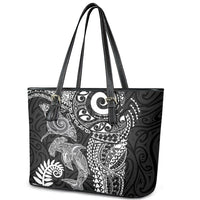 Aotearoa Maori Sea Animals Tribal Leather Tote Bag Manta Ray and Shark Moko Pattern Black Color LT03 - Polynesian Pride