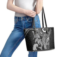 Aotearoa Maori Sea Animals Tribal Leather Tote Bag Manta Ray and Shark Moko Pattern Black Color LT03 - Polynesian Pride