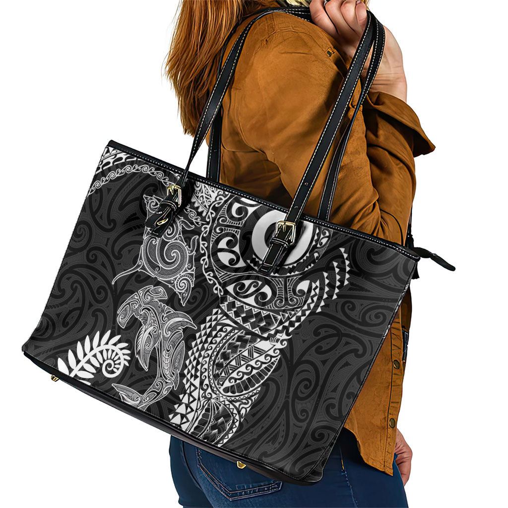 Aotearoa Maori Sea Animals Tribal Leather Tote Bag Manta Ray and Shark Moko Pattern Black Color LT03 - Polynesian Pride