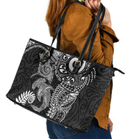 Aotearoa Maori Sea Animals Tribal Leather Tote Bag Manta Ray and Shark Moko Pattern Black Color LT03 - Polynesian Pride