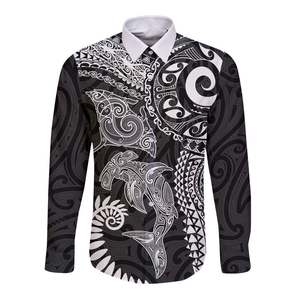 Aotearoa Maori Sea Animals Tribal Long Sleeve Button Shirt Manta Ray and Shark Moko Pattern Black Color LT03 Unisex Black - Polynesian Pride