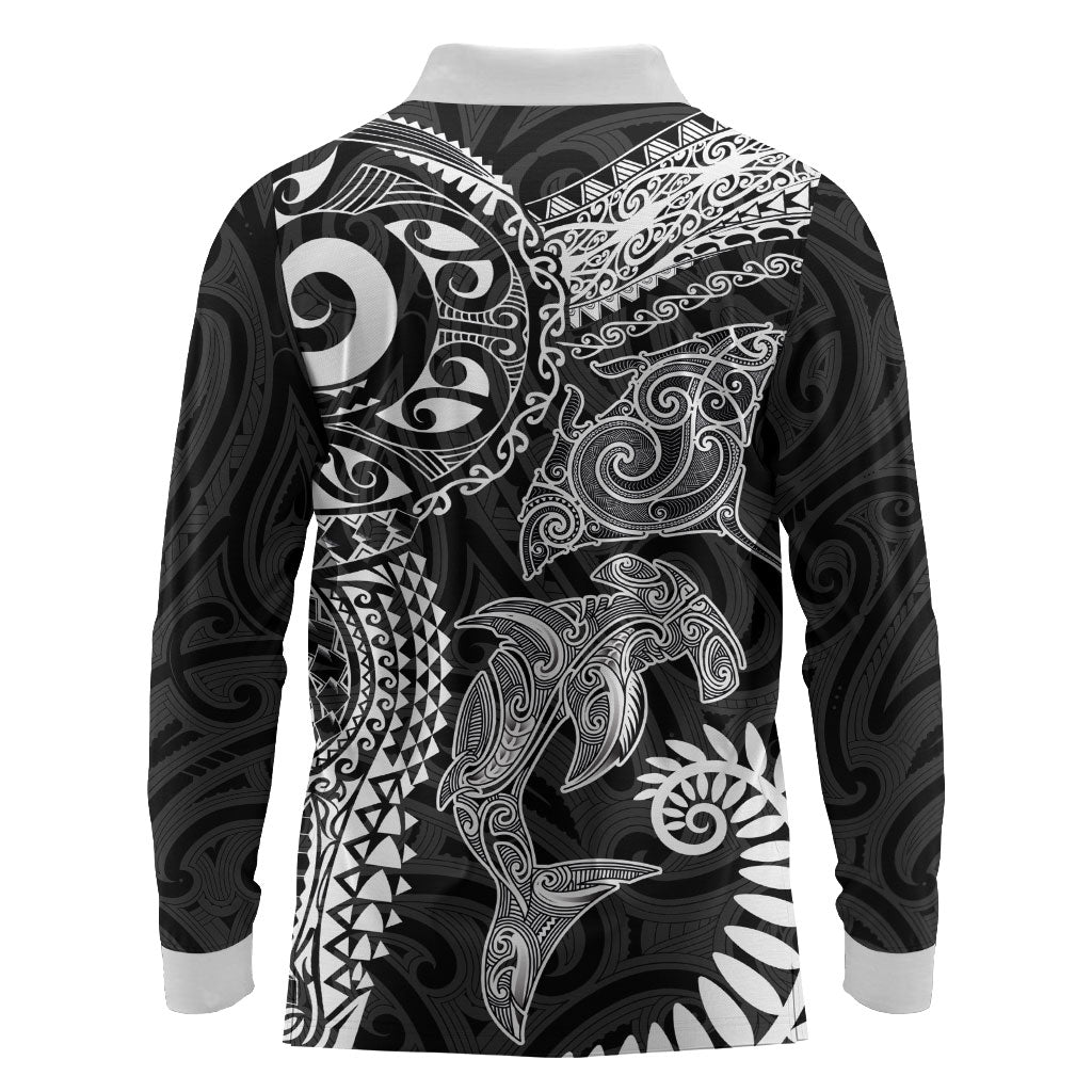 Aotearoa Maori Sea Animals Tribal Long Sleeve Polo Shirt Manta Ray and Shark Moko Pattern Black Color LT03 - Polynesian Pride