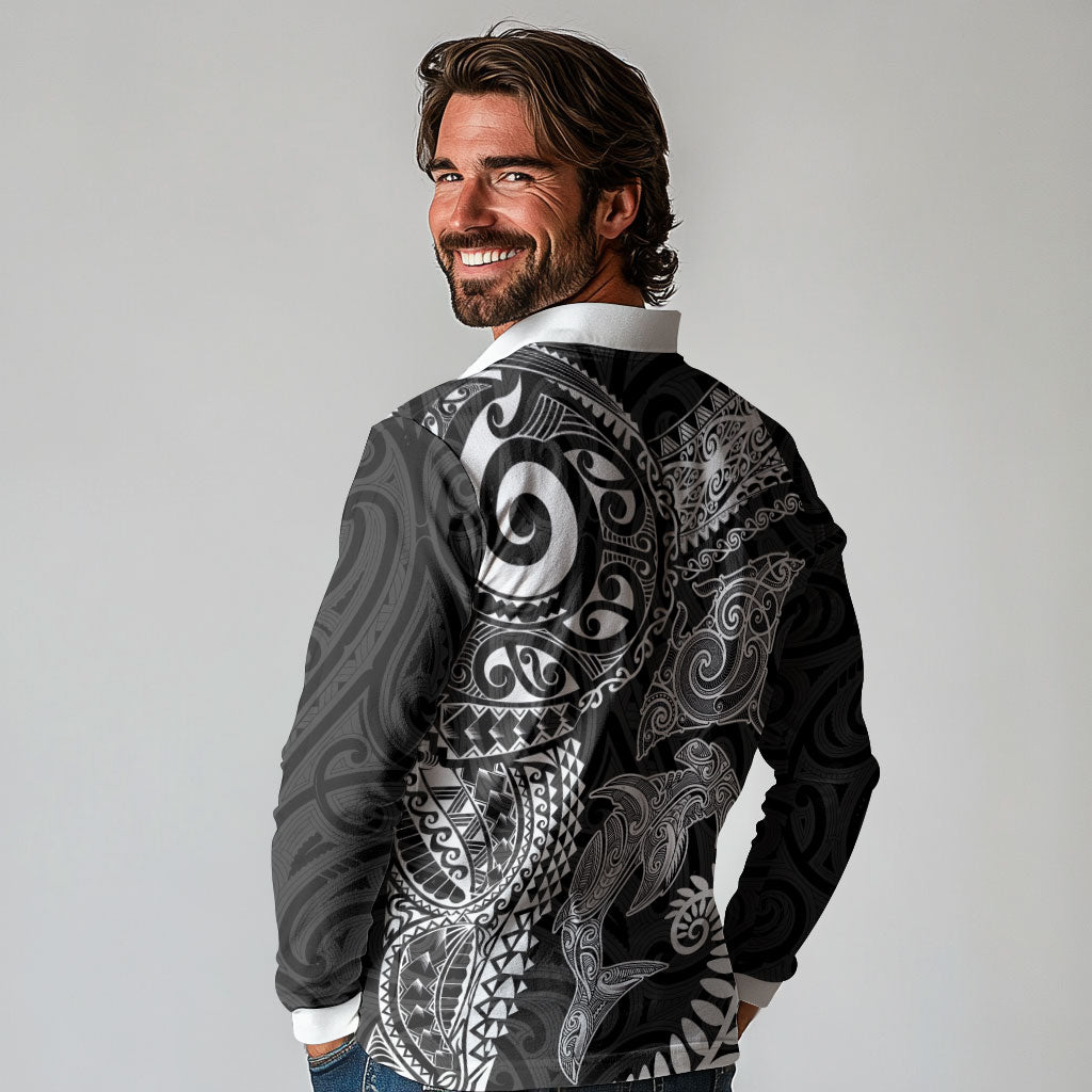 Aotearoa Maori Sea Animals Tribal Long Sleeve Polo Shirt Manta Ray and Shark Moko Pattern Black Color LT03 - Polynesian Pride