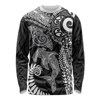 Aotearoa Maori Sea Animals Tribal Long Sleeve Shirt Manta Ray and Shark Moko Pattern Black Color LT03 Unisex Black - Polynesian Pride