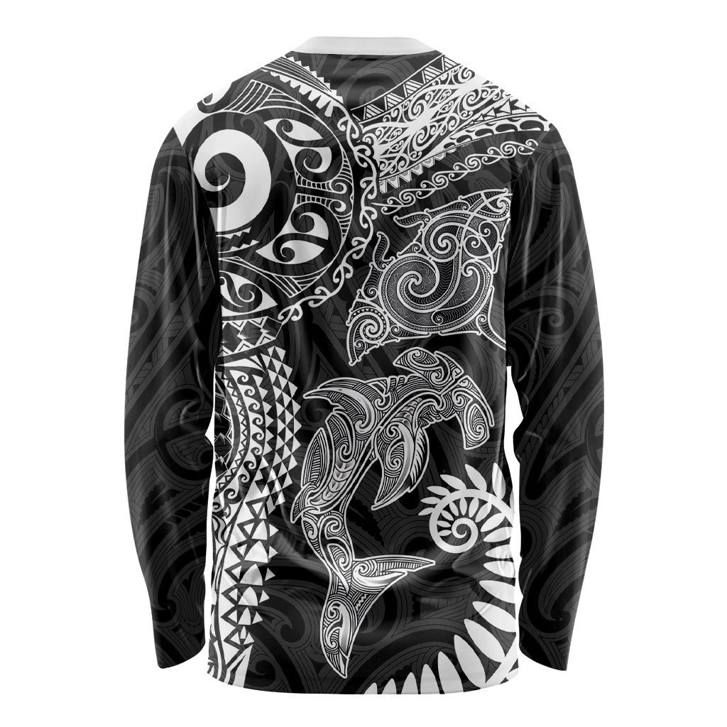 Aotearoa Maori Sea Animals Tribal Long Sleeve Shirt Manta Ray and Shark Moko Pattern Black Color LT03 - Polynesian Pride