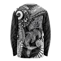 Aotearoa Maori Sea Animals Tribal Long Sleeve Shirt Manta Ray and Shark Moko Pattern Black Color LT03 - Polynesian Pride