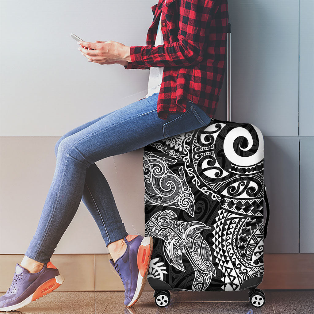 Aotearoa Maori Sea Animals Tribal Luggage Cover Manta Ray and Shark Moko Pattern Black Color LT03 - Polynesian Pride